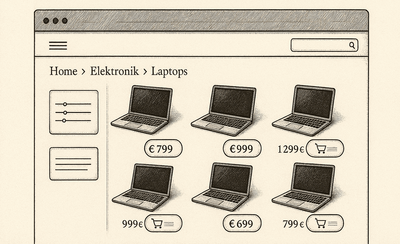 Breadcrumbs auf Kategorieseite: Home ></noscript> Elektronik > Laptops – Produktliste mit Filtern, Suche und Preisen 699–1299 Euro.