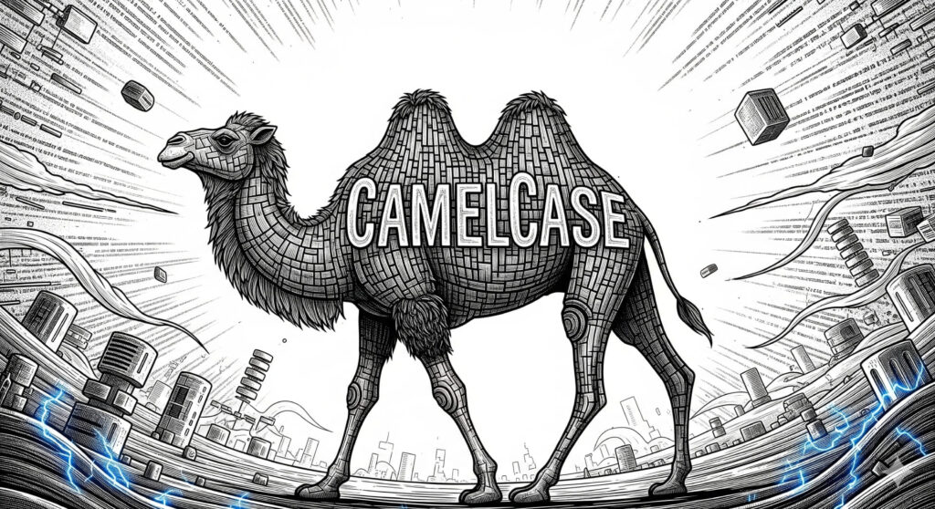 Zweihöckriges Kamel im Digital-Engraving-Stil mit „CamelCase“-Schriftzug, Code-Hintergrund und stilisierter Skyline (16:9).