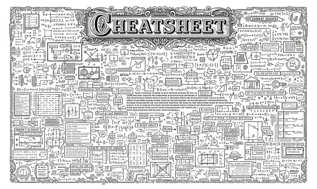 Handgezeichnete Schwarzweiß-Illustration eines überfüllten „Cheatsheet“: große Überschrift »CHEATSHEET«, zahlreiche Formeln, Diagramme, Tabellen, Pfeile und Notizen in ornamentalem Rahmen.