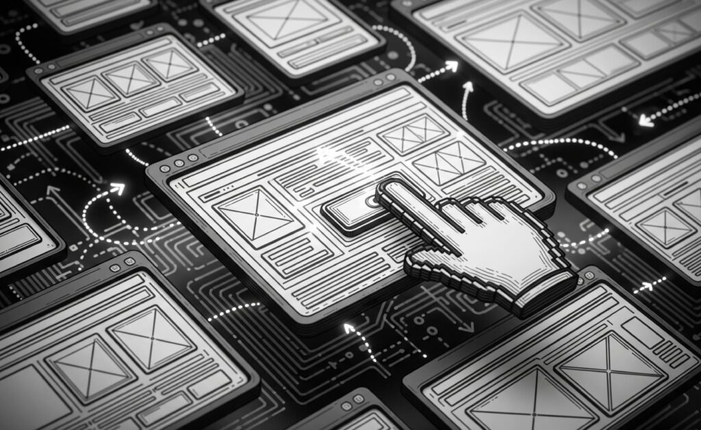 Clickdummy-Illustration: verknüpfte Wireframe-Screens mit Pfeilen für User Flows; Hand-Cursor klickt auf Button – UX-Prototyping und Navigation