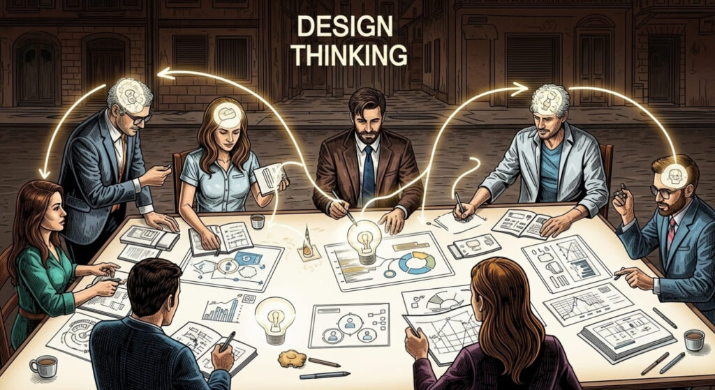 Interdisziplinäres Team beim Design-Thinking-Workshop: Menschen skizzieren Wireframes und Daten, testen Ideen mit Prototypen; Leuchtbirnen und Pfeile symbolisieren Ideation und Zusammenarbeit.