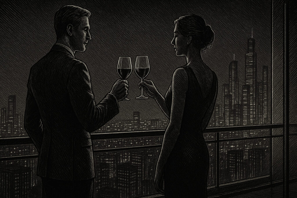 Symbolbild für DINK: Paar in Abendgarderobe stößt mit Rotwein auf einem Balkon vor nächtlicher City-Skyline an.