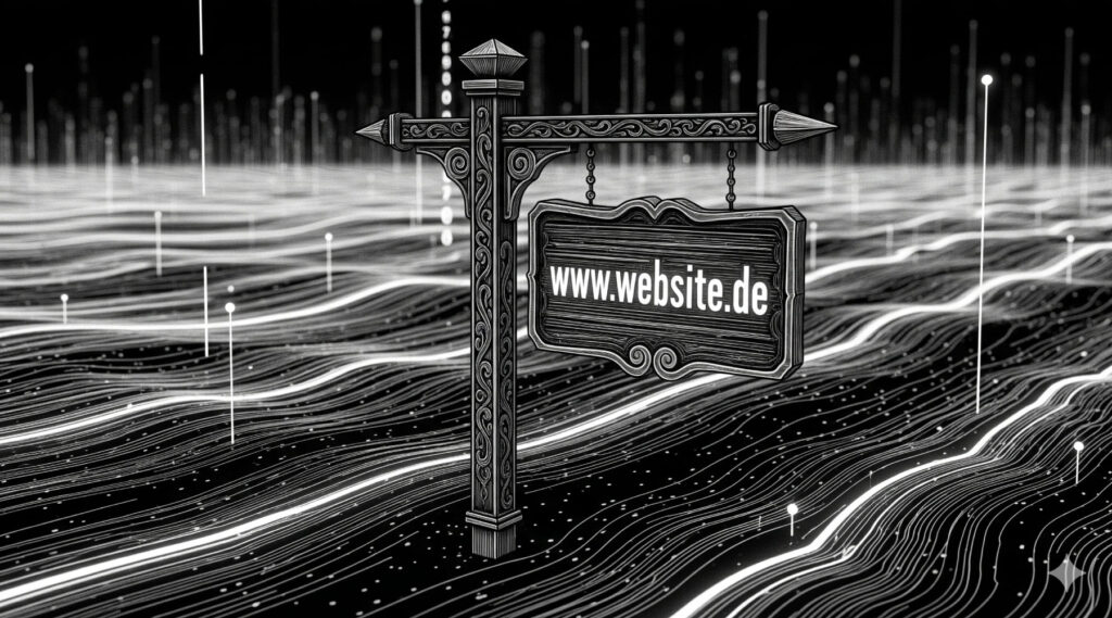 Wegweiser mit dem Schild „www.website.de“ in einer digitalen, schwarzweißen Linienlandschaft – Symbol für Domain, Webadresse und DNS.
