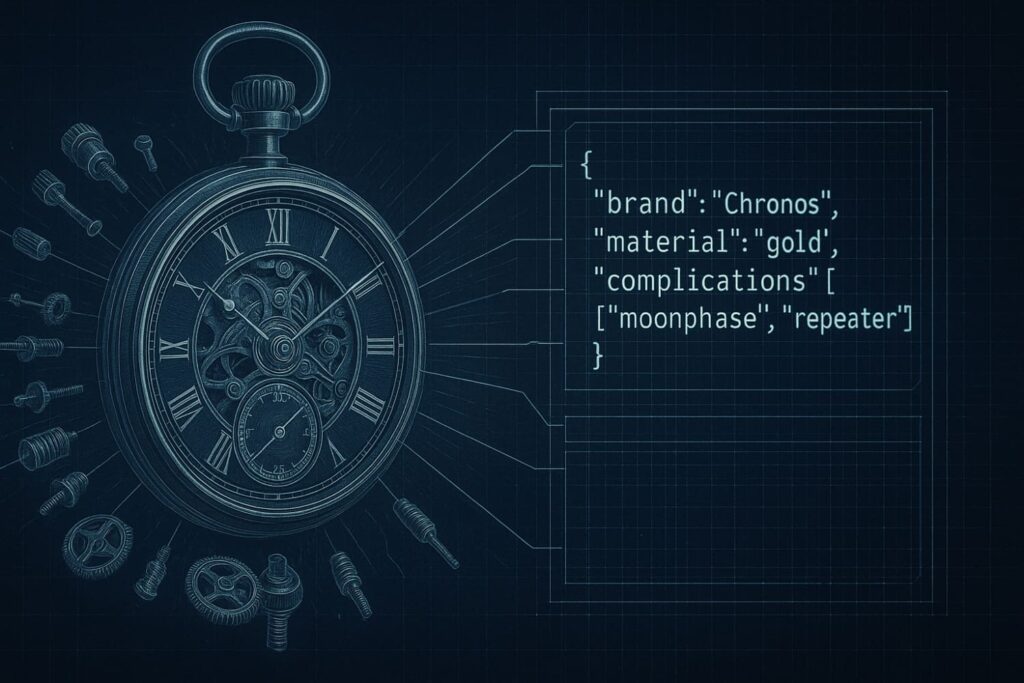 Technische Illustration einer offenen Taschenuhr mit Explosionszeichnung; daneben JSON-Daten zu Marke „Chronos“, Material Gold und Komplikationen Mondphase, Repetitionsschlag.