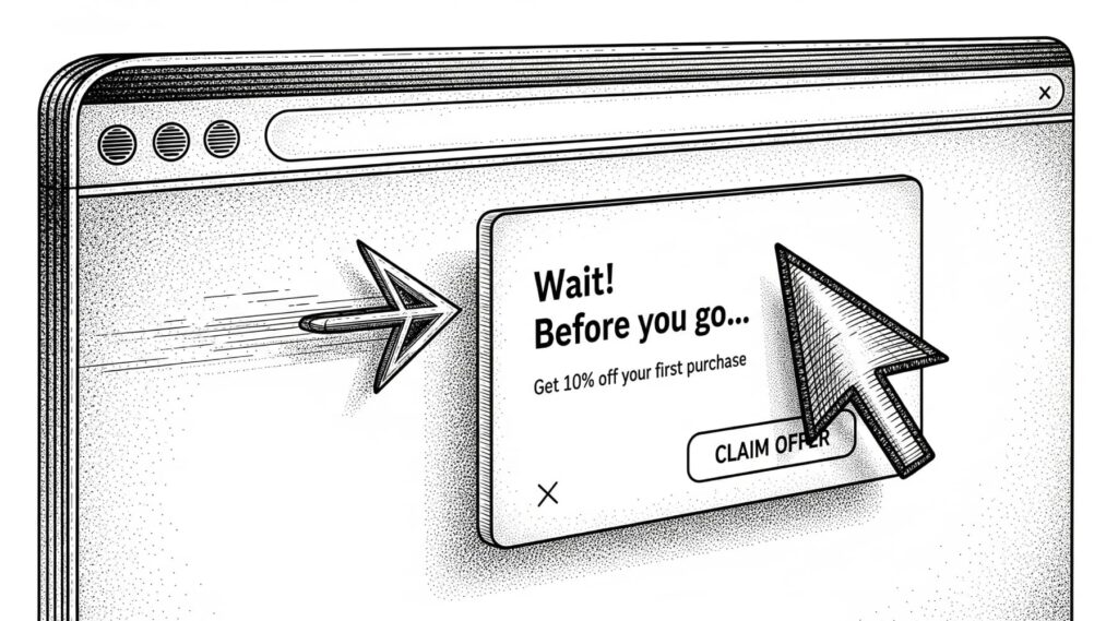 Illustration: Exit-Intent-Popup in einem Browserfenster mit „Wait! Before you go…“, 10 %-Rabatt und großem Cursor auf dem Call-to-Action.