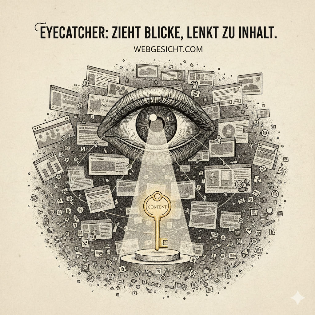 Illustration eines großen Auges, das mit einem Lichtkegel einen goldenen „Content“-Schlüssel beleuchtet; Eyecatcher als Blickführung im Webdesign.