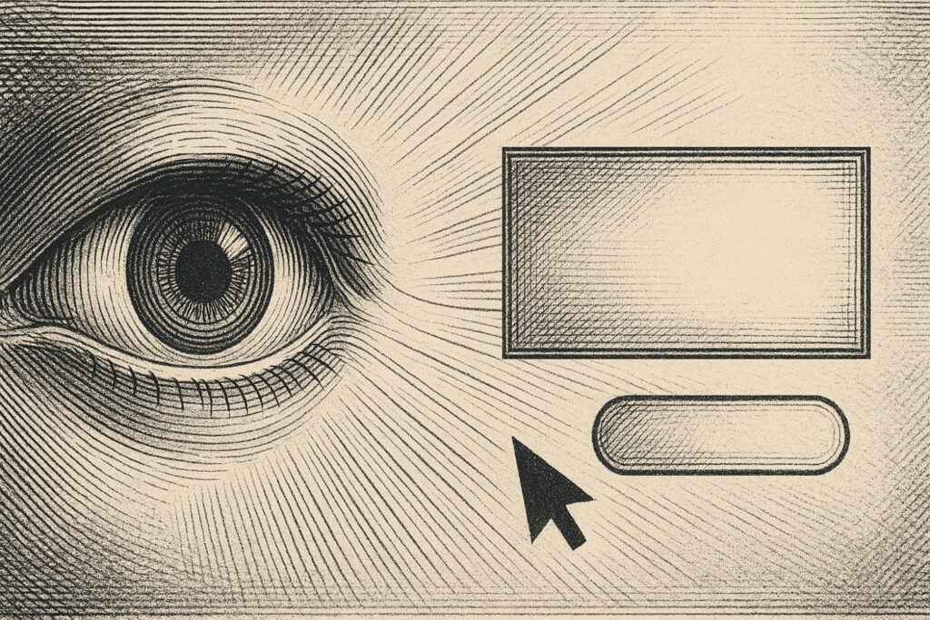 Illustration eines Auges, das mit klarer Blickführung auf ein Rechteck und einen abgerundeten CTA-Button mit Cursor zeigt; Eyecatcher im Webdesign.