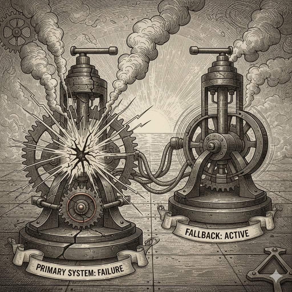 Steampunk-Gravur: links explodierende Maschine „Primary System: Failure“, rechts funktionierende Ersatzmaschine „Fallback: Active“ mit Zahnrädern, Rauch und Leitungen.