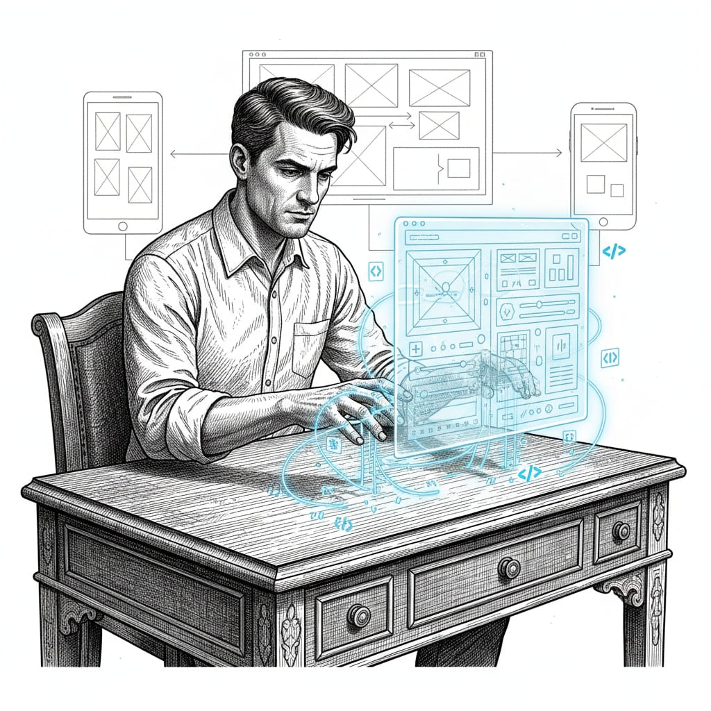 Illustration: Frontend-Entwickler am Schreibtisch mit UI-Wireframes, Code-Icons und responsive Design auf Smartphone und Desktop.