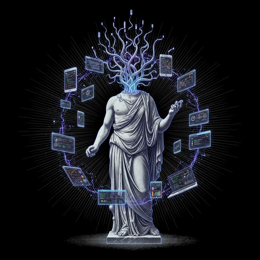 Headless-CMS-Illustration: antike Statue mit digitalen Tentakeln, umgeben von schwebenden UI-Screens – Symbol für API-basierten Omnichannel-Content.